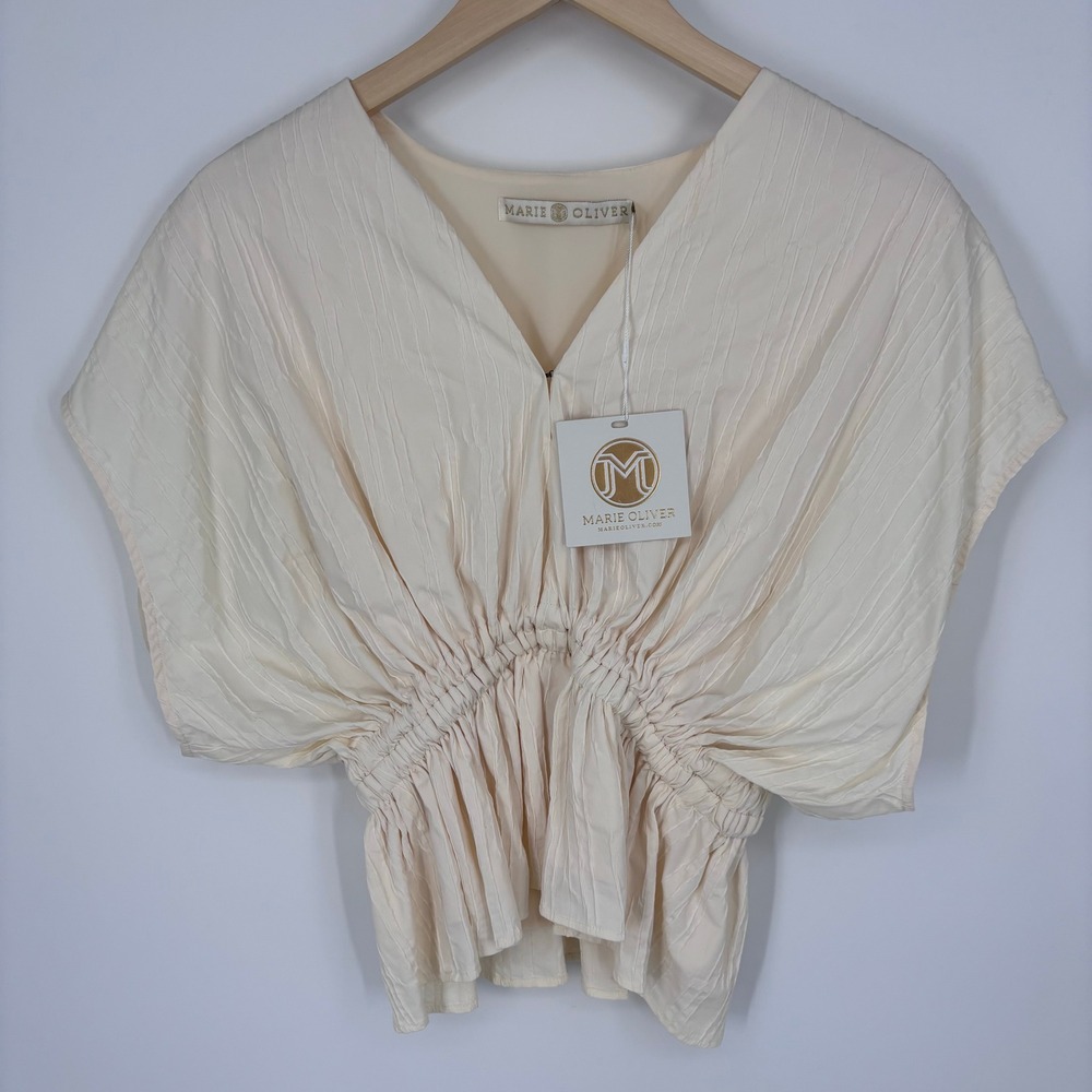 Marie Oliver Vesta Top Women XS Oyster White V-Neck Smocked Waist Peplum Blouse